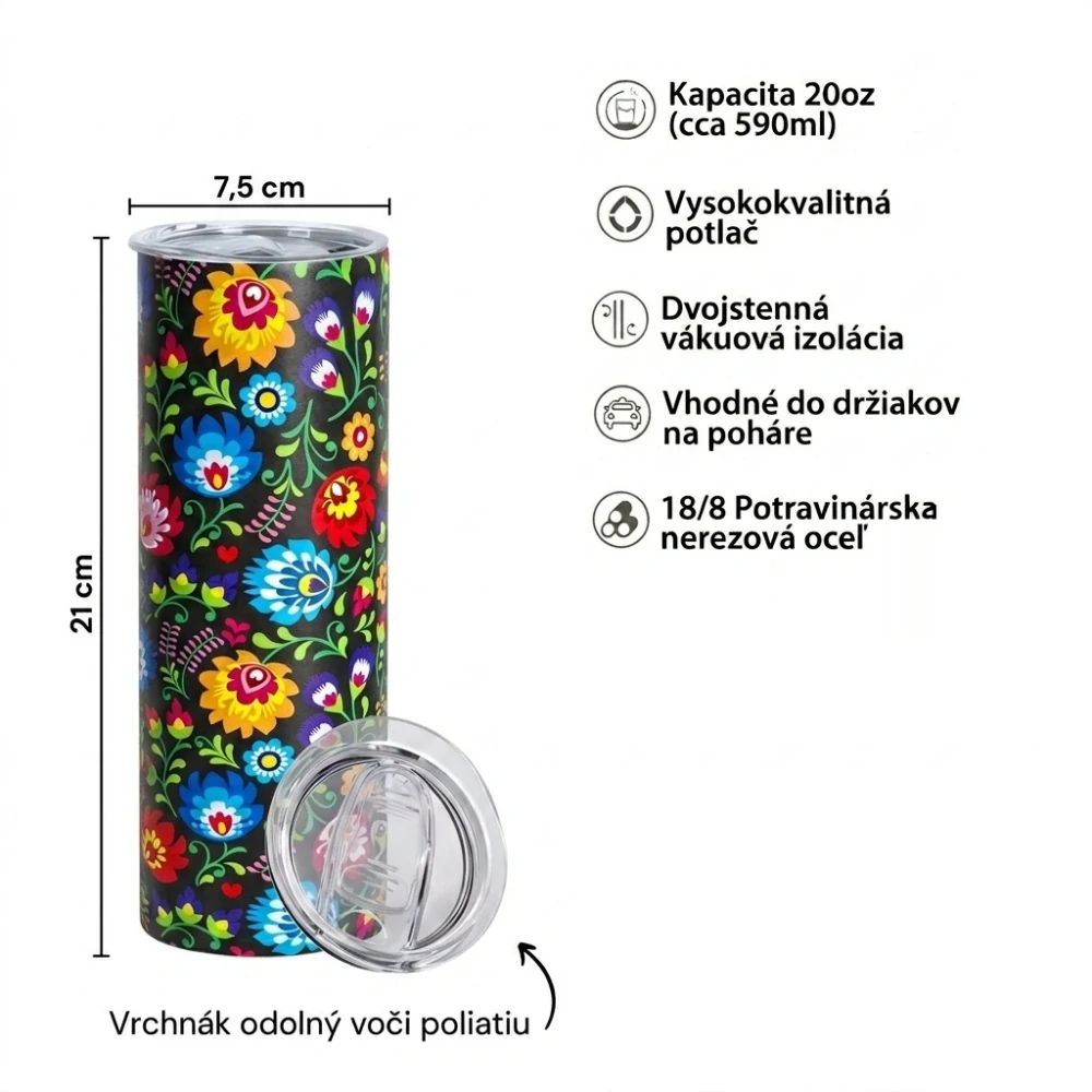 Nerezový termopohár uzatvárateľný vrchnák 590ml "tumbler"- kvety na čiernom pozadí