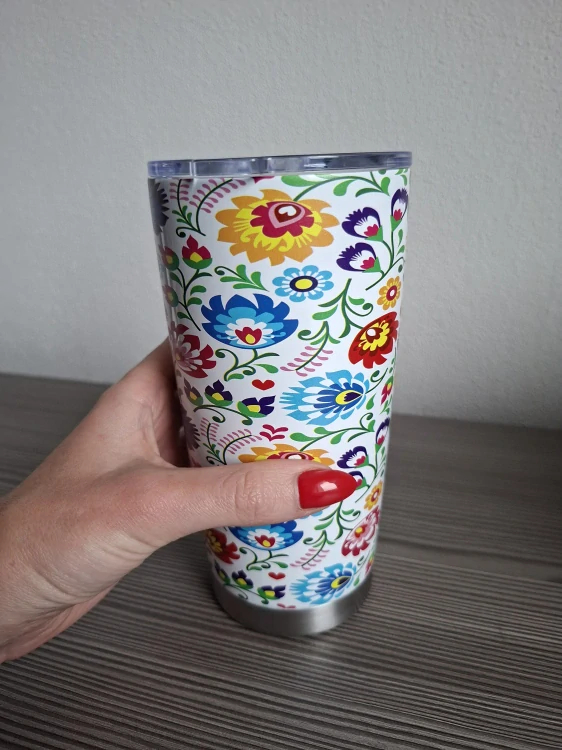 Nerezový termopohár uzatvárateľný vrchnák 590ml - kvety na bielom pozadí
