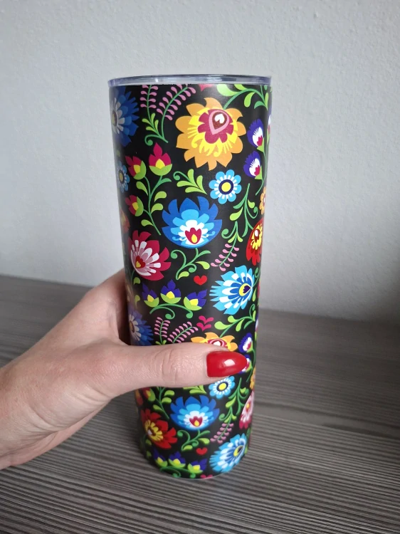 Nerezový termopohár uzatvárateľný vrchnák 590ml "tumbler"- kvety na čiernom pozadí