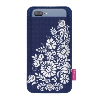 Puzdro na mobil- biely ornament na modrom pozadí