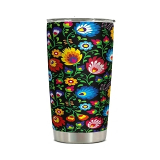 Nerezový termopohár uzatvárateľný vrchnák 590ml - kvety na čiernom pozadí