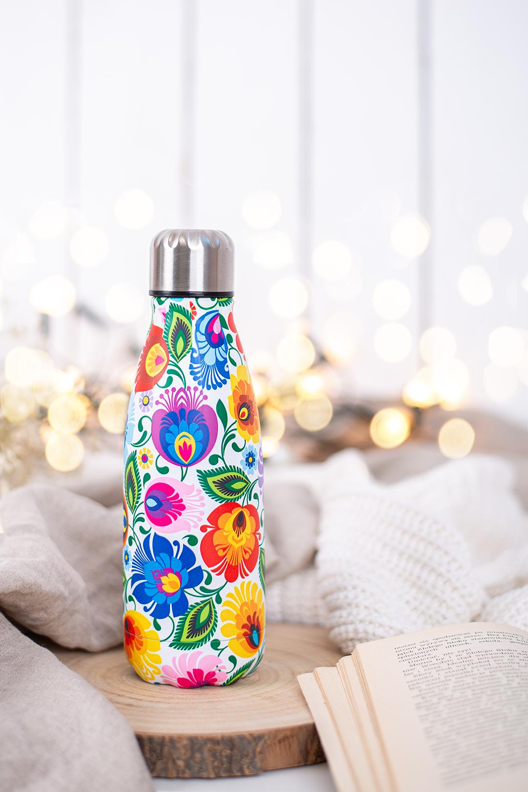 Termofľaša s ľudovým motívom 350ml - kvety na bielom pozadí