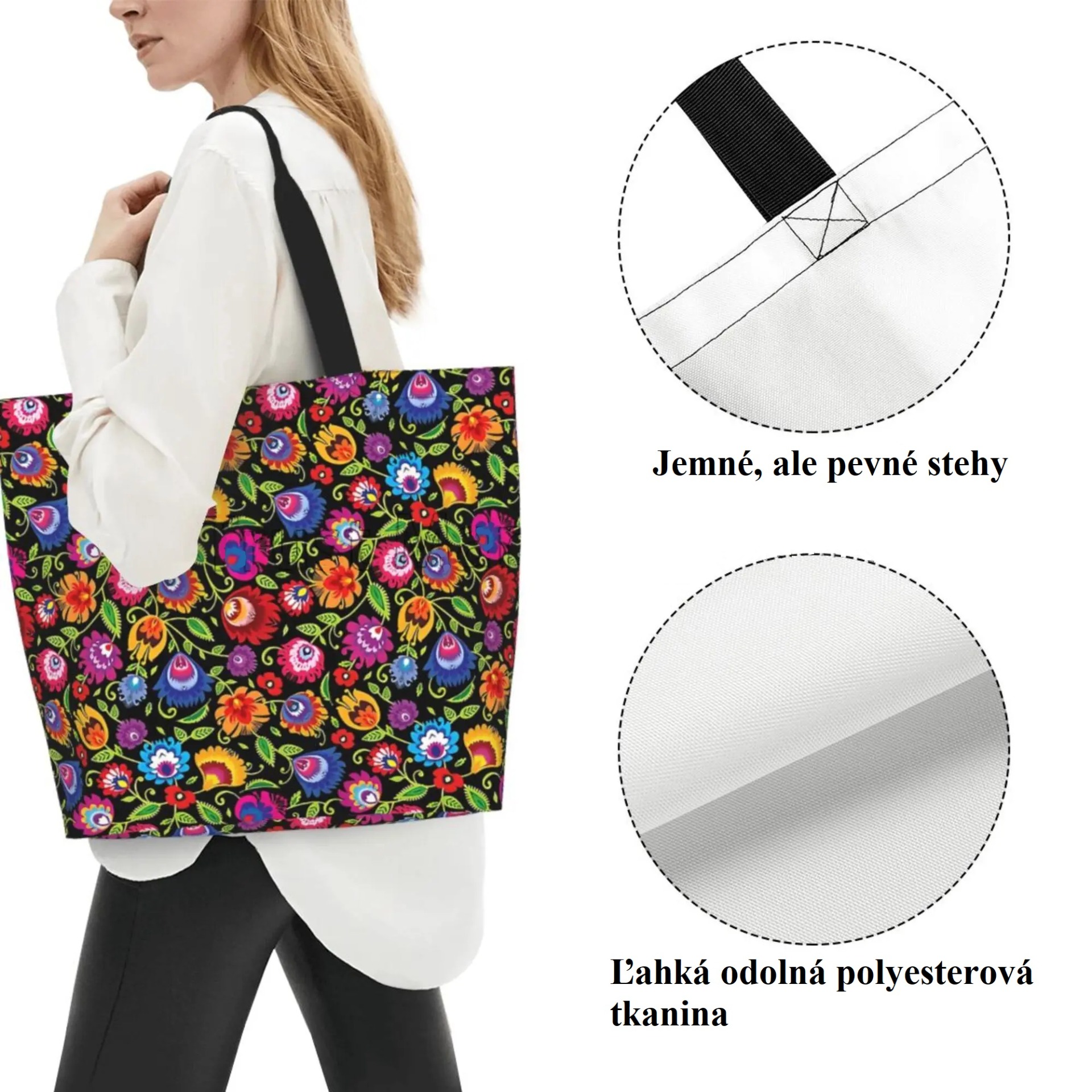 Maxi taška - kvety na čiernom pozadí 2