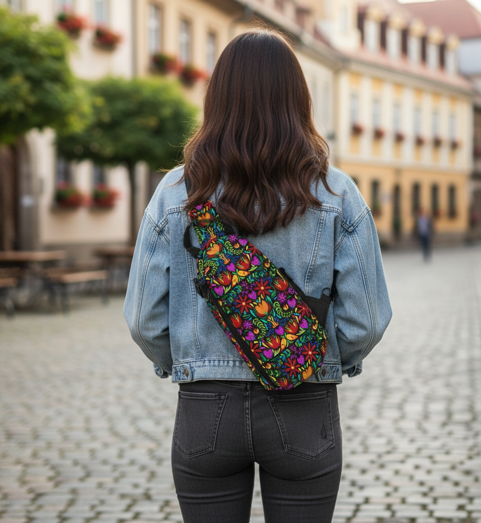 Ruksak SLIM s vertikálnym zipsom- kvety na čiernom pozadí