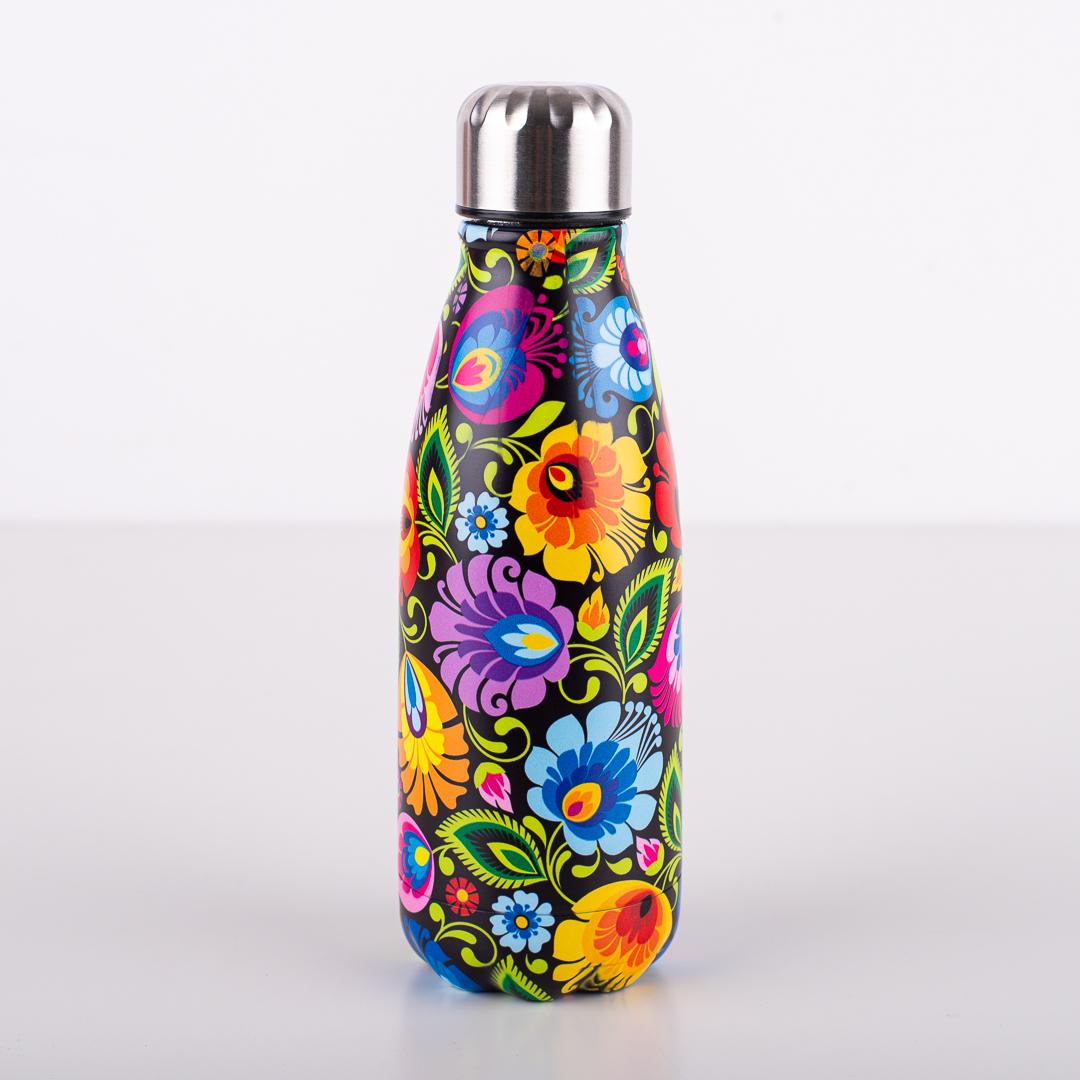 Termofľaša s ľudovým motívom 350ml - kvety na čiernom pozadí